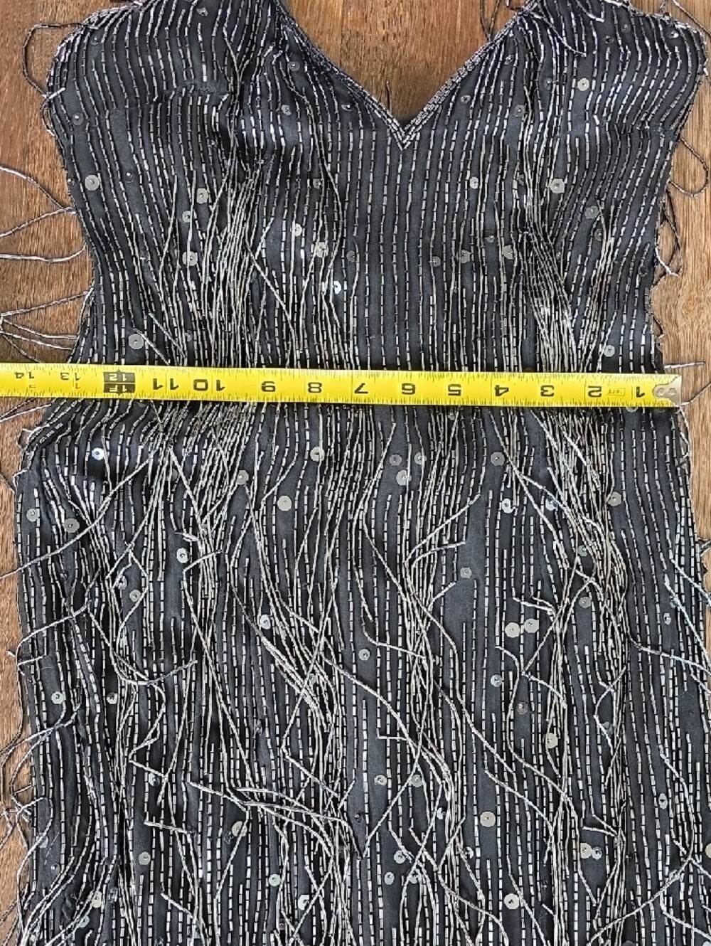 Black Beaded And Sequined Fringe Evening Dress with Crisscross Straps - Picture 9 of 10